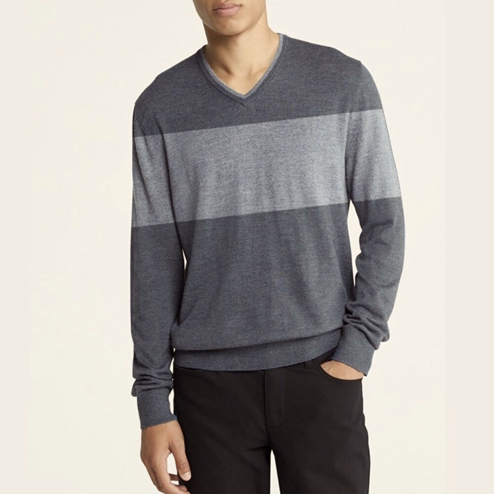 Calvin Klein Merino Wool Italain Knit Blend Monocrome Striped V Sweater